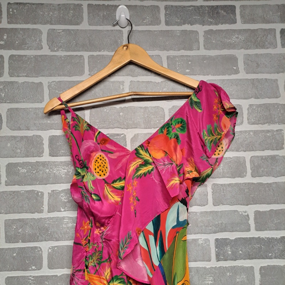 Farm Rio Ruffled Floral Print Satin Crepe De Chine Midi Dress Size Small - Picture 6 of 16